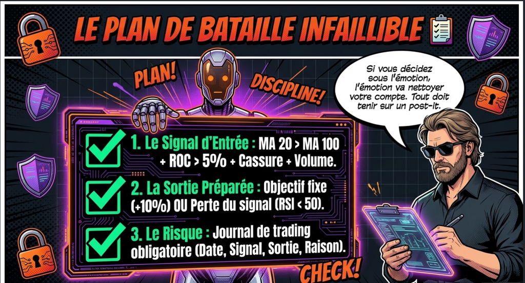 Infographie sur le plan de trading en 3 étapes : signal d'entrée, sortie préparée et gestion du risque