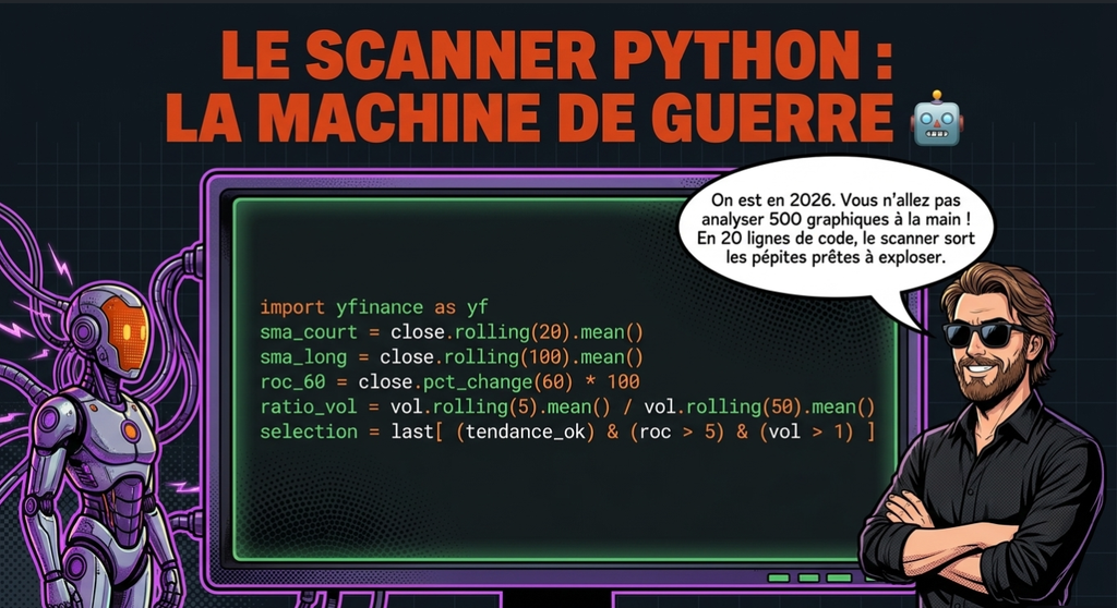 Illustration avec un robot et un trader montrant du code Python pour analyser des actions boursières