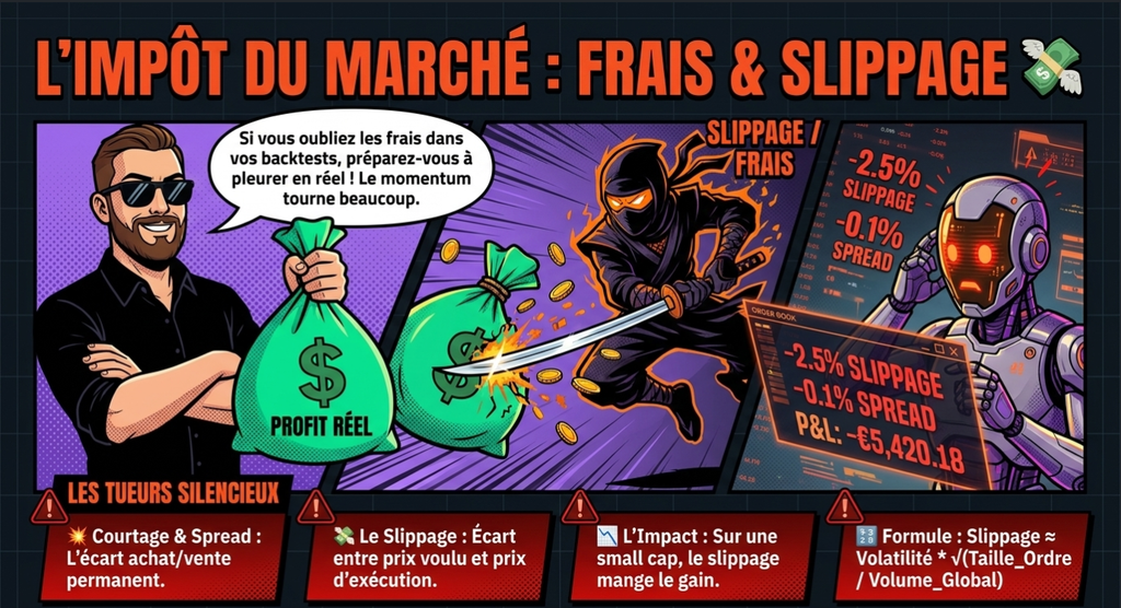 Infographie sur l'impact des frais et du slippage en trading, illustrée par un trader, un ninja et un robot