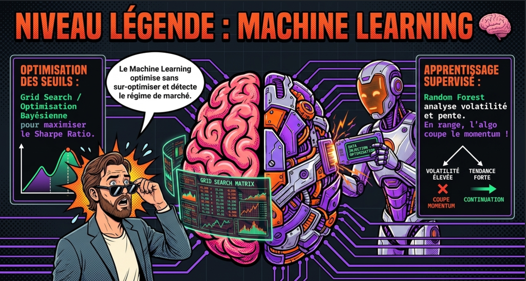 Infographie sur le machine learning comparant l'optimisation des seuils avec un trader humain et l'apprentissage supervisé avec un robot