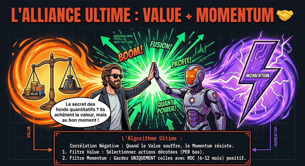 Un homme et un robot se tapent dans la main pour illustrer l'alliance des stratégies Value et Momentum en investissement
