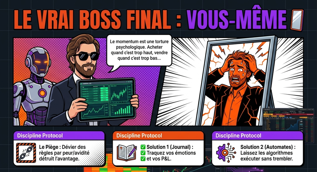 Bande dessinée en trois parties sur la psychologie du trading : l'ennemi c'est vous-même, le piège émotionnel, et les solutions