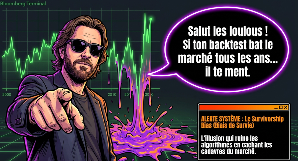 Un homme en costume et lunettes de soleil pointe le spectateur du doigt devant un graphique boursier fondants, avec une bulle de texte sur le biais du survivant