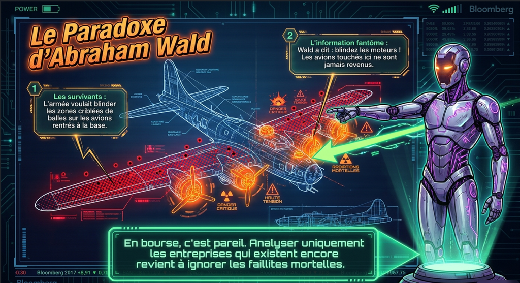 Infographie expliquant le paradoxe d'Abraham Wald avec un bombardier, des impacts de balles et un robot