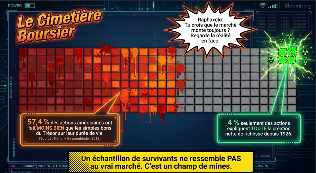 Infographie intitulée Le Cimetière Boursier montrant que 57,4 % des actions américaines font moins bien que les bons du Trésor et que seulement 4 % expliquent toute la création de richesse depuis 1926
