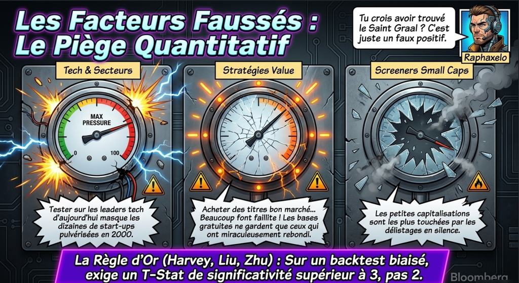 Infographie illustrant le piège quantitatif des facteurs faussés en investissement à travers trois exemples de pièges de données