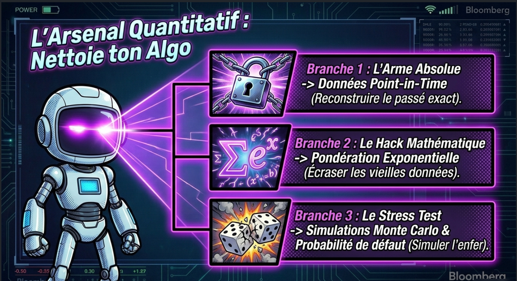 Infographie présentant les trois branches de l'Arsenal Quantitatif pour nettoyer un algorithme de trading