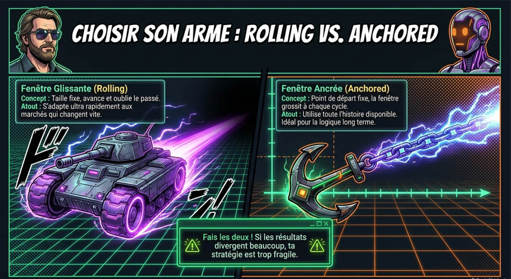Infographie comparant la fenêtre glissante, illustrée par un tank rapide, et la fenêtre ancrée, illustrée par une ancre