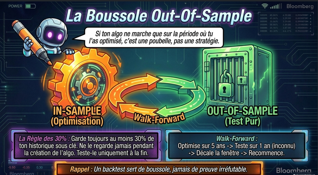 Illustration explicative sur l'optimisation de stratégies de trading, comparant l'In-Sample, le Walk-Forward et l'Out-Of-Sample