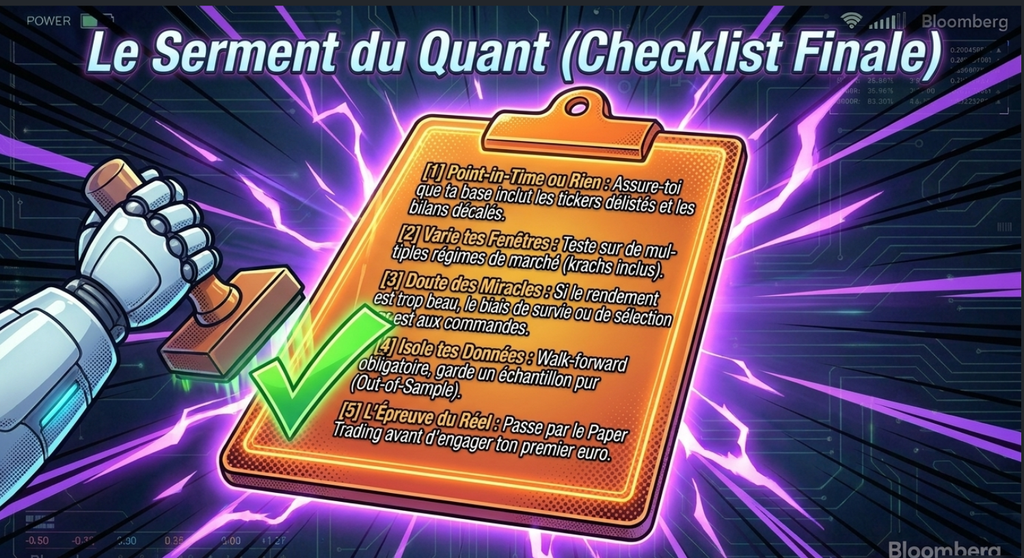Checklist finale du Serment du Quant avec cinq règles de validation pour le trading quantitatif