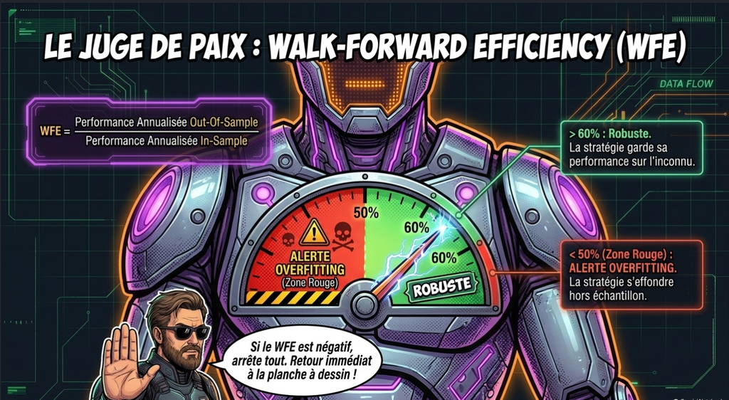 Schéma expliquant le calcul et l'interprétation du Walk-Forward Efficiency (WFE) sur le torse d'un robot, avec une jauge évaluant l'overfitting