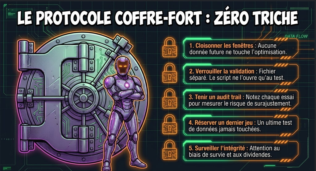 Infographie intitulée Le protocole coffre-fort : zéro triche détaillant cinq règles de sécurité des données