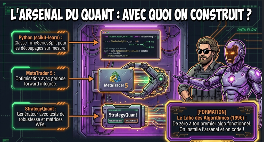 Infographie présentant l'arsenal du quant avec Python, MetaTrader 5 et StrategyQuant, ainsi qu'une offre de formation