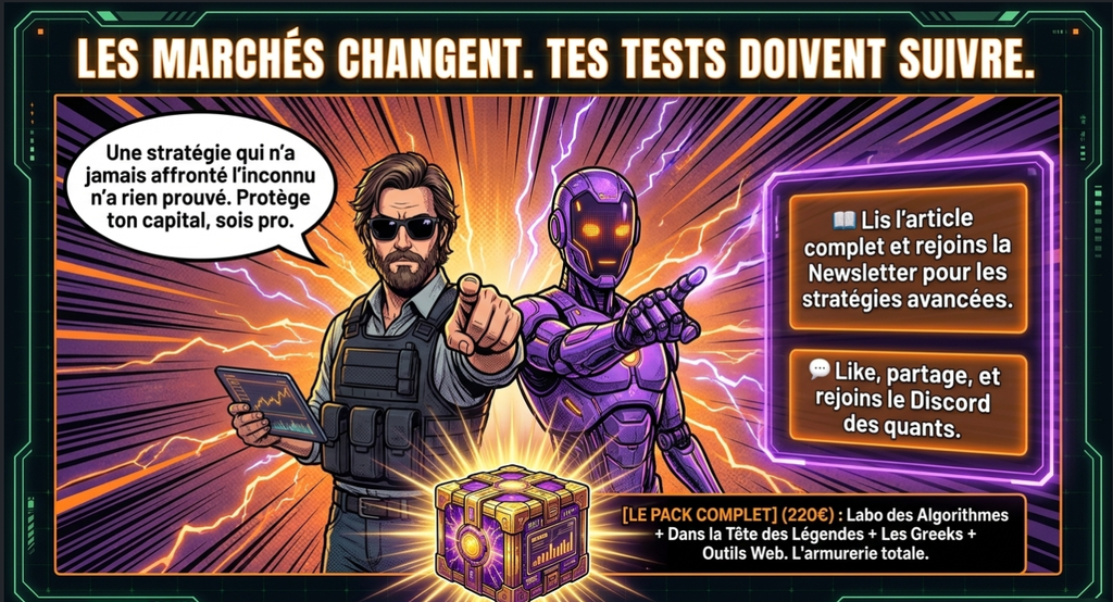 Publicité financière avec un homme en gilet tactique, un robot, et des incitations à lire l'article et rejoindre le Discord