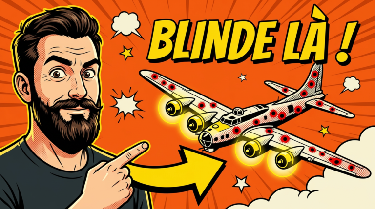 Un homme barbu montre du doigt un bombardier criblé d'impacts de balles avec le texte BLINDE LÀ !